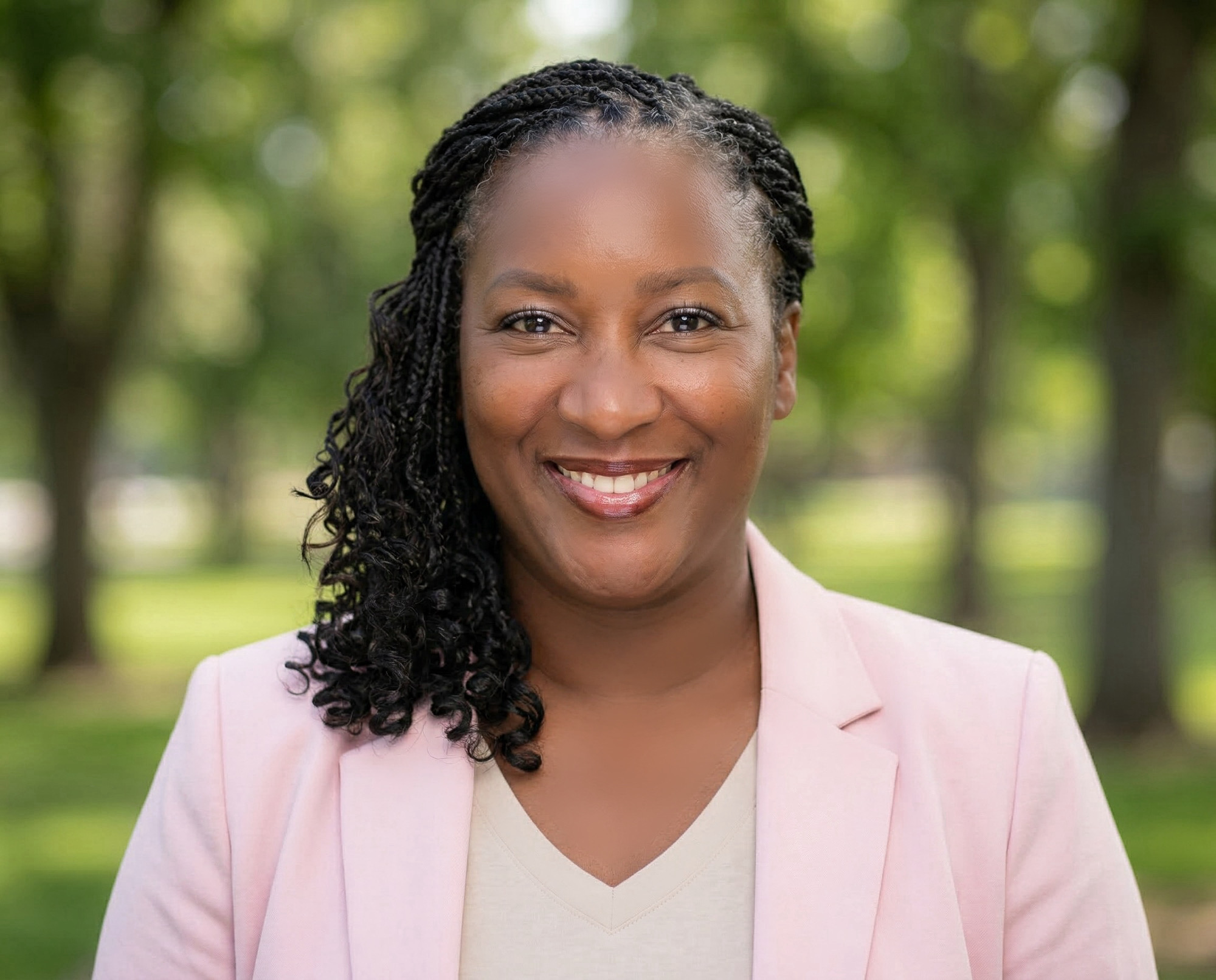 Rev. Teela Ross wearing a bright pink blazer